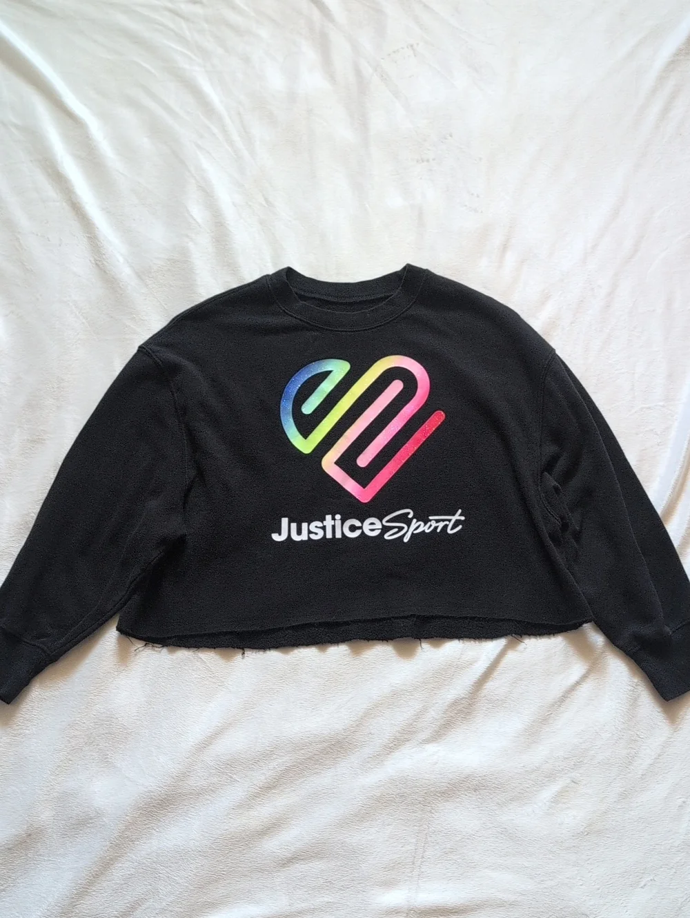 Justice Black Cropped Sweatshirt with Rainbow Heart Logo